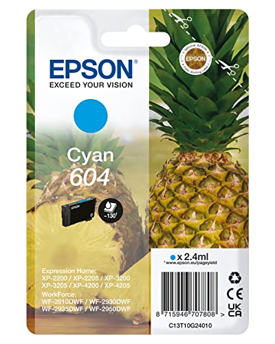 Epson 604 Serie Ananas - Cartucce Per Stampante Getto D'Inchiostro, Singlepack 1 Colore (Ciano 2.4 Ml), Formato Std, Stampe Affidabili Casa E Ufficio,