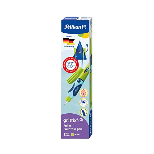 Pelikan 805667 Penna Stilografica Griffix Con Impugnatura Ergonomica Pedagogica Fusto Verde, Per Mancini, Cartuccia Inchiostro, Blu Pelikan Incluso, P