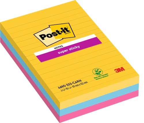 Post-It Super Sticky Grandi Formati, Collezione Carnival, A Righe, 101 Mm X 152 Mm, 90 Fogli/Blocchetto, 3 Blocchetti/Confezione