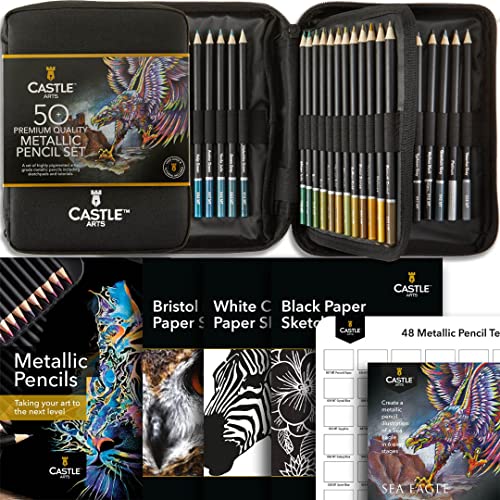 Castle Art Supplies Set Di 48 Matite Metalliche Colorate Con Extra | Anime In Cera Con Tonalità Scintillanti Per Professionisti, Artisti Adulti E Colo