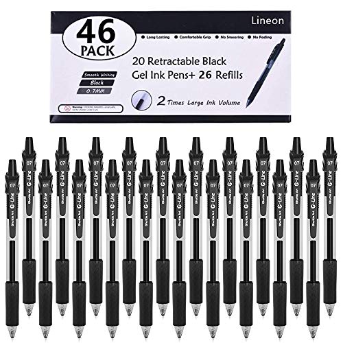 Penna Gel Nera, 46 Pack (20 Penne Gel Con 26 Ricariche) Lineon Penne A Scatto Gel Punta Media 0.7Mm Scorrevole Con Clip Comodo Per Ufficio Scuola