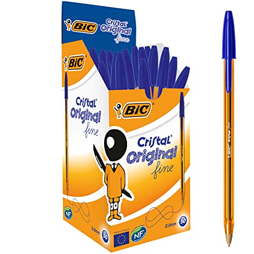 Bic Penne Blu A Sfera, Cristal Original Fine, Punta Fine (0.8Mm), Confezione Da 50 Penne, Set Penne Economiche, Fornitura Ufficio