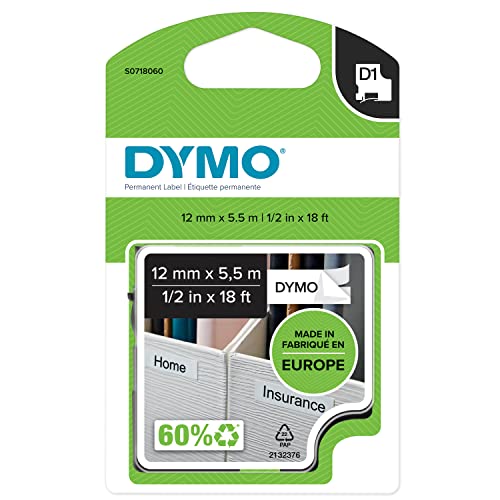 Dymo S0718060 Nastri D1 In Poliestere Extra Strong, 12 Mm X 5.5 M, Nero/Bianco