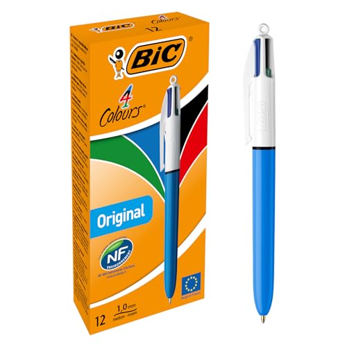Bic 4 Colori, Penne Multicolore A Sfera, Penne A Scatto Con 4 Colori, Cancelleria Scuola E Ufficio, Punta Media (1.0 Mm), 12 Unità