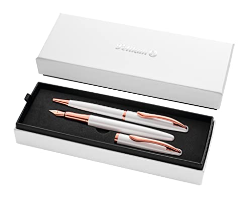 Pelikan, Set Penna Sfera E Stilografica Jazz Noble Elegance In Metallo Pearl, Inchiostro Blu, Con Clip Elastica, In Elegante Astuccio Regalo.