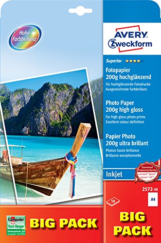Avery Instant Dry Technology- Carta Fotografica Lucida Per Stampanti Inkjetbianco, 50 Unità, 50 Pezzi