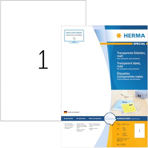 Herma 10783 - Etichette Trasparenti Resistenti Alle Intemperie, 80 Fogli, 210 X 297 Mm, 1 Foglio A4, 80 Pezzi, Autoadesive, Stampabili, Opache, Autoad