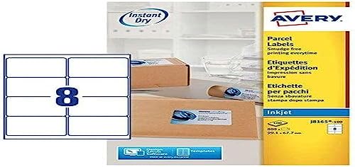 Avery Etichette Autoadesive Per Spedizioni Pacchi, Stampanti A Getto D'Inchiostro, 8 Etichette Per Foglio A4, 800 Etichette, Quickdry (J8165), Bianco