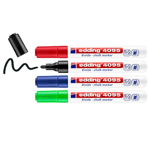 Edding 4095 Marcatore A Gesso Liquido, Nero, Rosso, Blu, Verde, 4 Pennarelli, Punta A Scalpello 2-3 Mm, Punta Larga Per Lavagne, Finestre, Vetri, Spec
