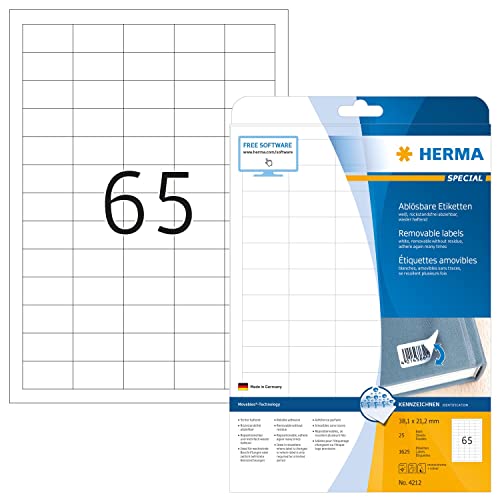 Herma Etichette Staccabili, 38,1 X 21,2 Mm, Etichette Adesive A4 Per Stampante, 65 Etichette Per Foglio, Bianco