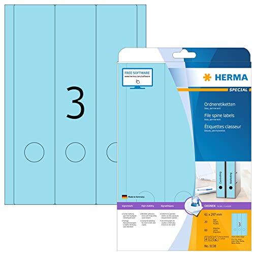 Herma Etichette Per Raccoglitori, 61 X 297 Mm, Etichette Adesive A4 Per Stampante, 3 Etichette Per Foglio, Blu