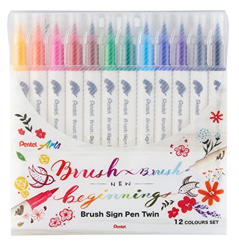 Pentel Sesw30C Brush Sign Pen Twin, Set Di 12 Pennarelli Con Due Punte Flessibili, Inchiostro A Base D'Acqua, Colori Assortiti