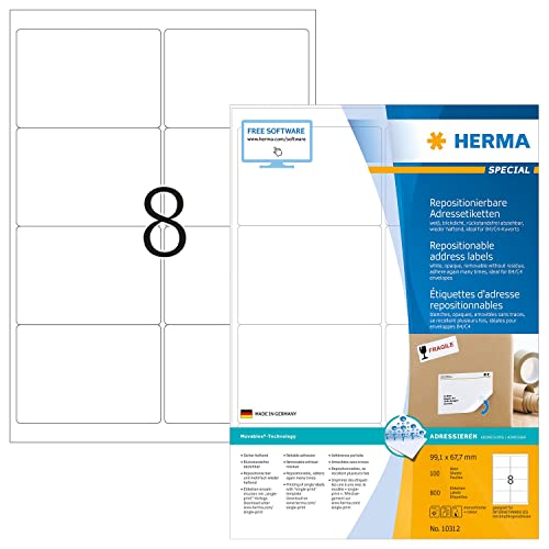 Herma Etichette Staccabili, 99,1 X 67,7 Mm, Etichette Adesive A4 Per Stampante, 8 Etichette Per Foglio, Bianco