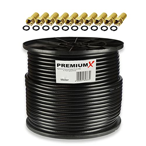 Premiumx Professionale Set Cavi Coassiali Da 100M – Satkabel Nero | Rame Puro | Antennenkabel Schermato 4-Vie | 10 Connettori F Inclusi - Supporta 8K,