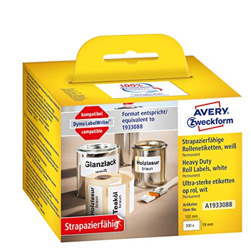 Avery Zweckform A1933088 - Etichette Autoadesive Estremamente Resistenti, 300 Adesivi (59 X 102 Mm, Compatibili Con Dymo Labelwriter, Equivalenti Al 1