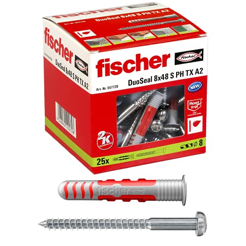 Fischer Duoseal 8 X 48Mm Tasselli Sigillanti Con Vite Inox A2 Per Ambienti Umidi, Piastrelle, Box Doccia, Bagno, Saliscendi, 557728
