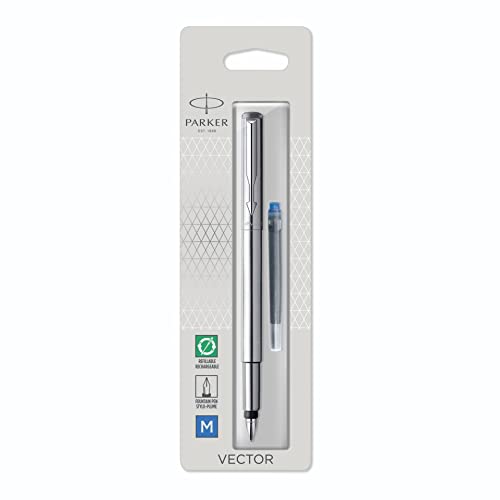 Parker Vector Penna Stilografica Con Finiture Cromate, Punta Media, Inchiostro Blu, Confezione In Blister, Acciaio Inossidabile
