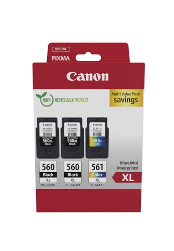 Canon Cartucce D'Inchiostro Originali Pg-560Xl X 2 / Cl-561Xl Ad Alta Capacità, Confezione Da 3 (2 Nere, 1 A Colori) - Confezione Multipla In Cartone