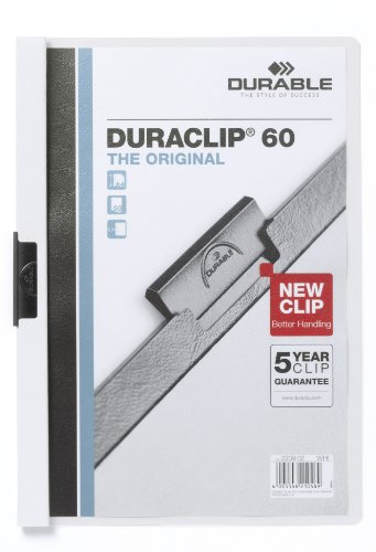Durable 220902 Duraclip 60, Cartellina Con Clip Per Archiviare Documenti, Capacità 1 - 60 Fogli, Formato A4, Confezione Da 25 Pezzi, Bianco