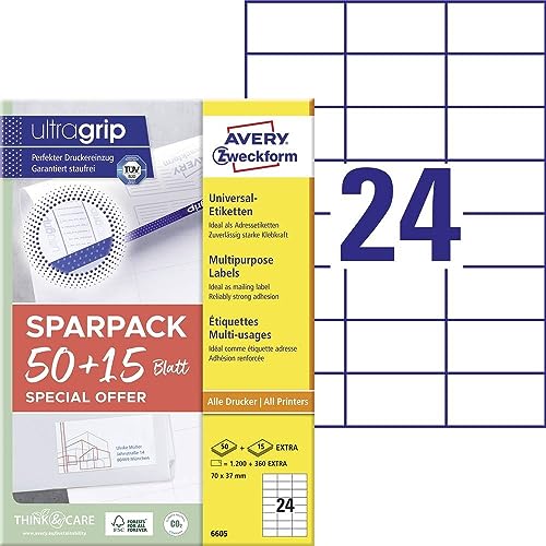 Avery Zweckform 6605 Adesivi Per Indirizzi (1.200 Più 360 Etichette Adesive Extra, 70 X 37 Mm Su A4, Carta Opaca, Etichette Del Mittente Stampabili, E