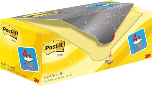 Post-It Foglietti Canary Yellow, Confezione Da 20 Blocchetti, 100 Fogli Per Blocco, 76 Mm X 76 Mm, Colore Giallo, Foglietti Adesivi Fogli Adesivi Per
