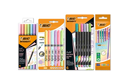 Bic Intensity, Set Cancelleria Colori Pastello, 6 Brush Pen Colorati 2-In-1, 6 Evidenziatori Pastello, 6 Fineliner E 5 Portamine Matic, 23 Unità, Canc