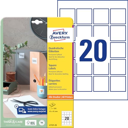 Avery Italia Blockout Qr Code Label 20 Per Sheet 45X45Mm White Square Ref L7121-25 [500 Labels], 500 Pezzi