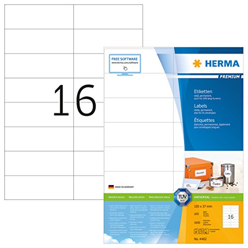Herma Etichette Universali, 105 X 37 Mm, Etichette Adesive A4 Per Stampante, 16 Etichette Per Foglio, Bianco