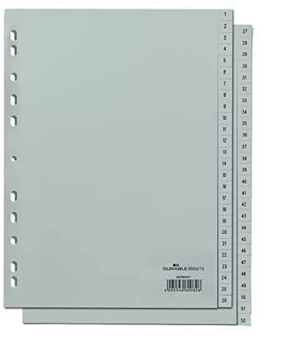Durable 650410 - Divisorio Con Tasti Prestampati 1-52, F.To A4, 52 Tasti Divisi In Due Sequenze, Foratura Universale, Grigio