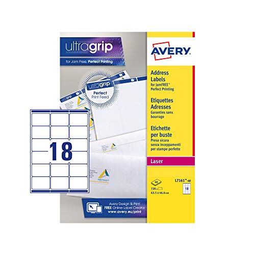 Avery Addressing Labels Laser Jam-Free 18 Per Sheet 63.5X46.6Mm White Ref L7161-40 [720 Labels], 720 Pezzi