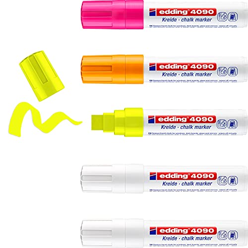 Edding 4090 Marcatore A Gesso Liquido, Multicolore, 5 Pennarelli, Punta A Scalpello 4-15 Mm, Punta Larga Per Lavagne, Finestre, Vetri, Specchi, Per Un