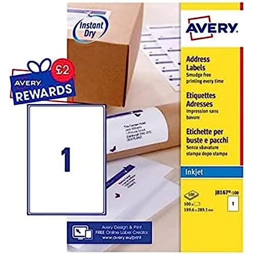 Avery Quick Dry Addressing Labels Inkjet 1 Per Sheet 199.6X289.1Mm White Ref J8167 [100 Labels]