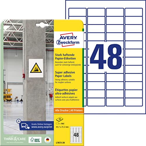 Avery Zweckform L7873 – 20 Forte Haftende Carta Autoadesiva, 45,7 X 21,2 Mm, 20 Fogli/960 Etichette, Colore: Bianco