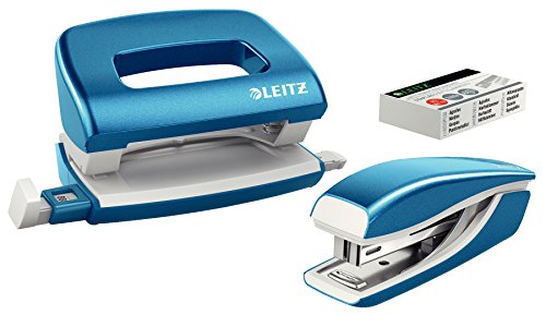 Leitz Set Con Mini Cucitrice E Perforatore, Capacità Fino A 10 Fogli, Include Punti, Gamma Wow, Blu