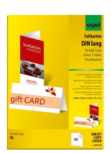 Sigel Dp810 Lotto Di 50 Carte Di Ringraziamento O Di Auguri, Con 3 Pieghe, Senza Motivo, 10,5 X 21 Cm, Bianco