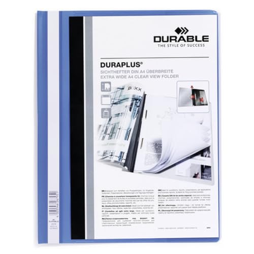 Durable 257906 - Cartellina Ad Aghi Duraplus, Formato A4+, Fronte Trasparente E Retro Colorato, Azzurro, Confezione Da 25 Pezzi