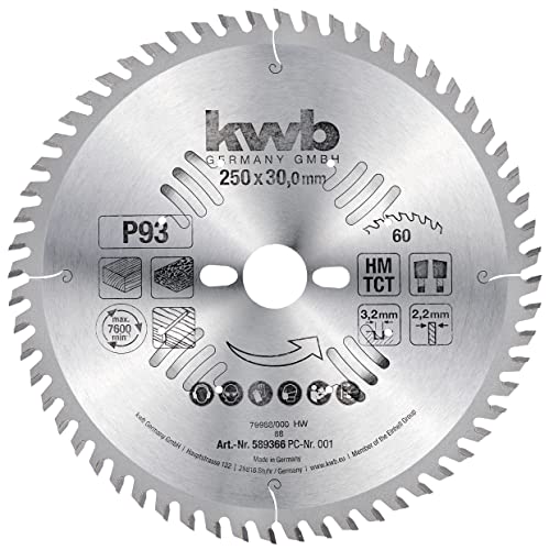 Kwb Lama Per Sega Circolare 250 X 30 Mm, Taglio Molto Fine, Adatta Per Piani Di Lavoro, Legno E Pannelli Rivestiti