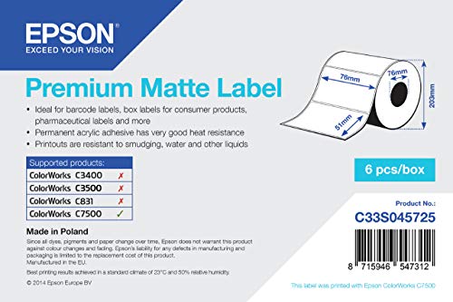 Epson Premium Matte 76 Mm X 51 Mm, 2310 – Etichette Per Stampante, 2310, Colore: Bianco, Opaco, 76 Mm X 51 Mm, Polonia, Epson Colorworks C7500)