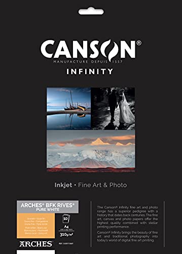 Canson Infinity Arches Bfk Rives Carta Per Riproduzione Artistica Digitale, 100% Cotone, A4, 310 Gm, 10 Fogli, Grana Fine, Bianco Puro
