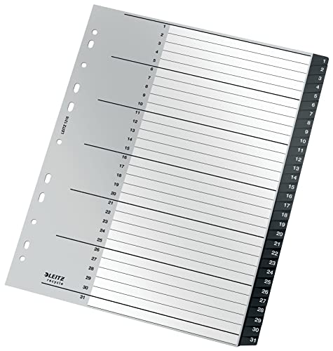 Leitz Indice, Schede Numeriche 1-31, Formato A4 Extra Largo, Plastica Riciclata Al 90%, Ecologico, Qualità Premium, Gamma Recycle, Nero, 12180000