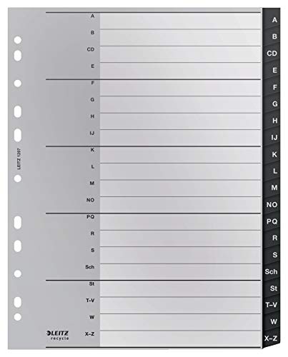 Leitz Indice, 20 Schede A-Z, Formato A4 Extra Largo, Plastica Riciclata Al 90%, Ecologico, Qualità Premium, Gamma Recycle, Grigio, 12070000