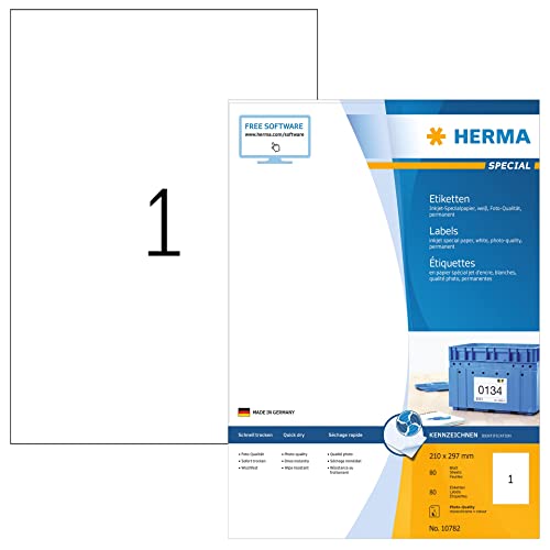 Herma 10782 - Etichette Universali Per Stampanti A Getto D'Inchiostro, Formato Din A4 (210 X 297 Mm, 80 Fogli, Carta Opaca), Autoadesive, Stampabili,