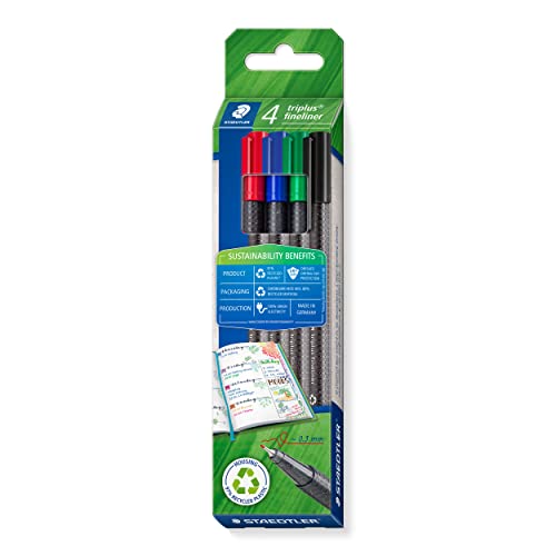 Staedtler Fineliner Triplus Triangolare In Plastica Riciclata, Punta Super Fine In Metallo Da 0,3 Mm, Lunga Durata, 4 Fineliner In Colori Assortiti In