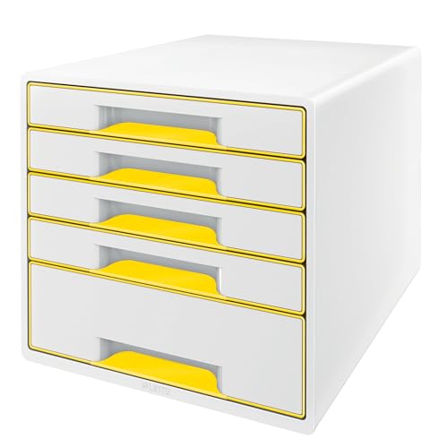 Leitz Wow Cube Cassettiera A 5 Cassetti, Organizer Per Riporre Documenti, Cataloghi E Riviste In Formato A4, Adatta Per Casa E Ufficio, Giallo, 521420