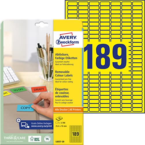 Avery Zweckform, L6037-20, 20 Fogli, Mini Etichette A Colori Per Catalogazione Secondo Colori, 25,4 X 10 Mm