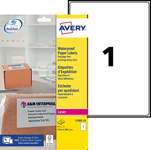 Avery - Confezione Di 25 Etichette Di Spedizione Impermeabili E Ultra Aderenti Laser Bianco 199,6 X 289,1 Mm
