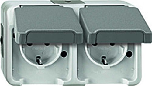 Merten, Doppia Presa Elettrica Schuko, Montaggio Orizzontale, Con Protezione Anti-Contatto, Aquastar, Grigio, Meg2320-8029