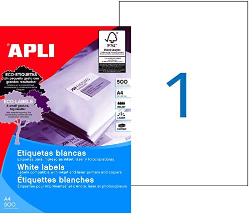 Apli 1788 Confezione 500 Fogli Etichette Multiuso, 210 X 297, Bianco