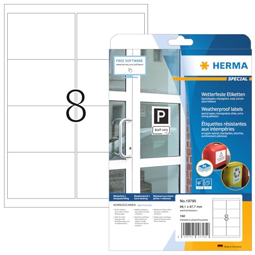 Herma 10795 - Etichette Resistenti Alle Intemperie, 20 Fogli, 99,1 X 67,7 Mm, 8 Fogli Per A4, 160 Adesivi, Stampabili, Opache, Per Esterni, In Carta S