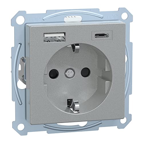Merten - Presa Schuko System M Con Due Uscite Per Il Funzionamento/Ricarica Simultanea Di Due Dispositivi Usb Con Batteria Integrata, Meg2367-0460, Al